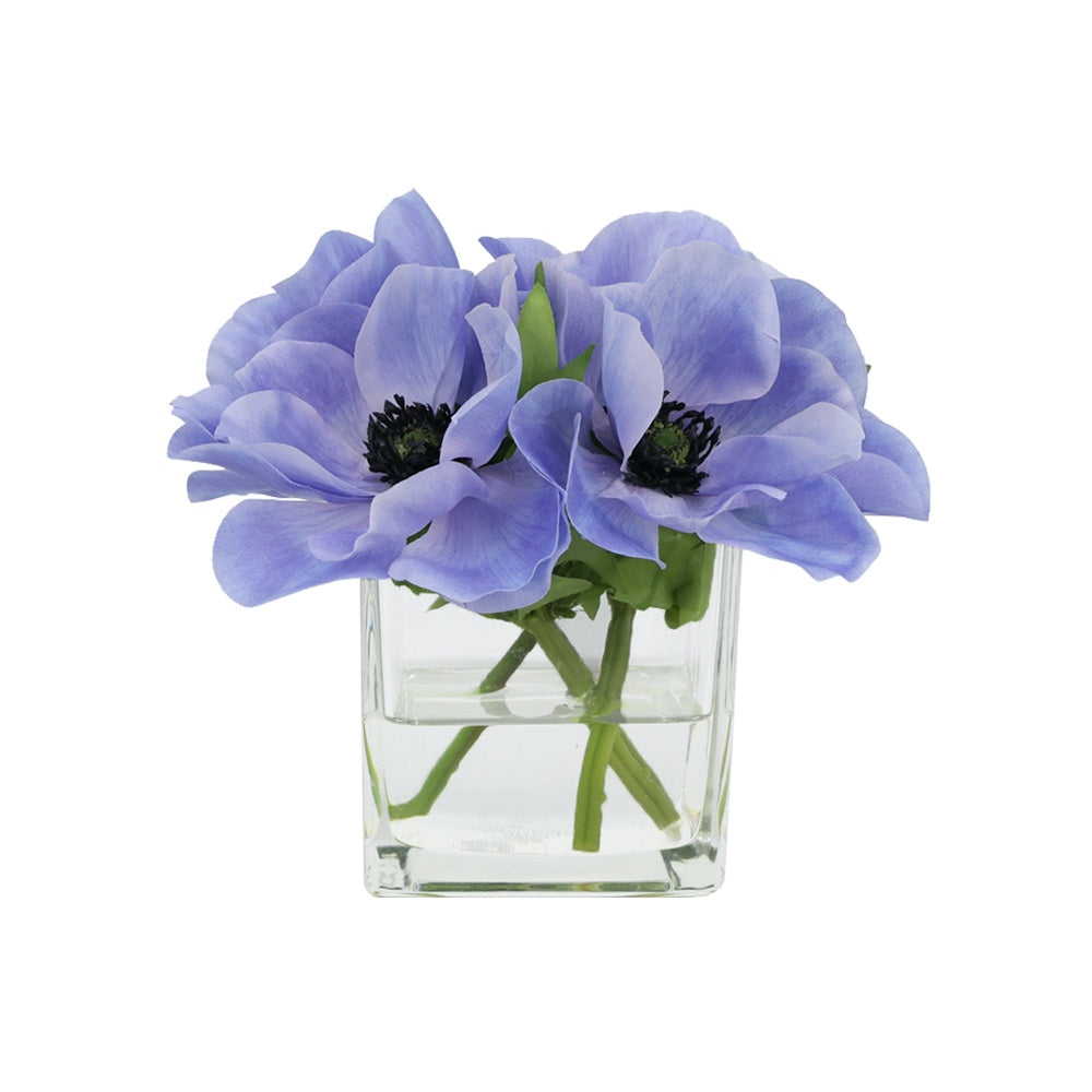 White & Purple Artificial Anemone Arrangement in Square Vase - Small IHR-ANE010-PUR-S