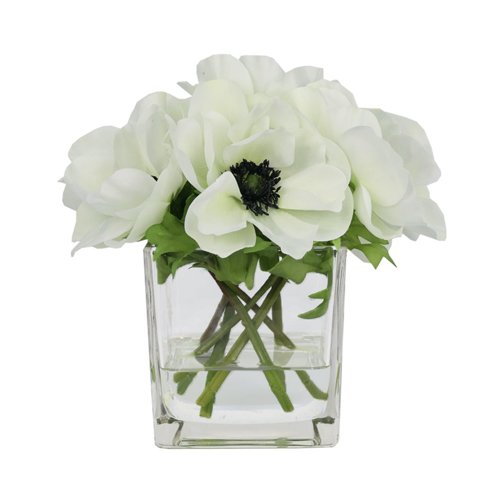 White Artificial Anemone Arrangement in Square Vase - Large IHR-ANE010-W-L