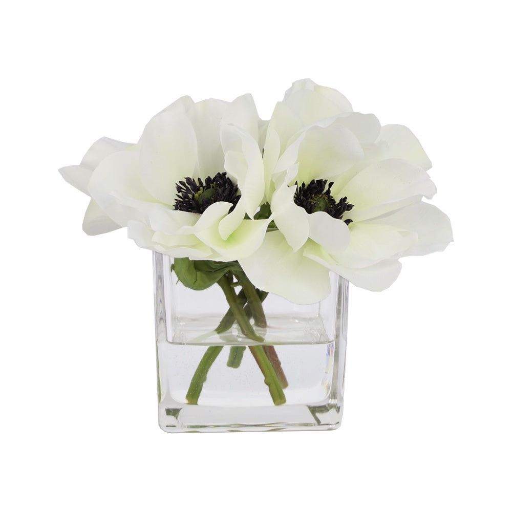 White Artificial Anemone Arrangement in Square Vase - Small IHR-ANE010-W-S