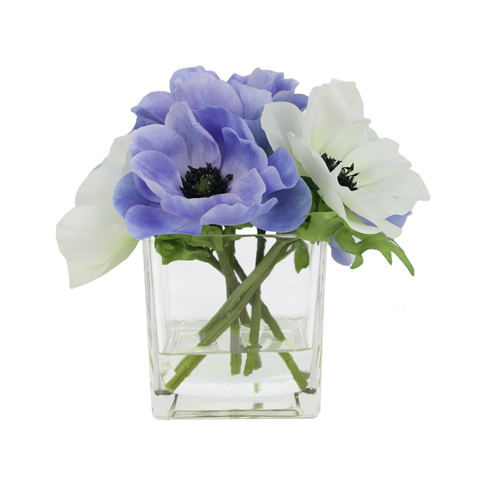 White & Purple Artificial Anemone Arrangement in Square Vase - Large IHR-ANE010-WPUR-L