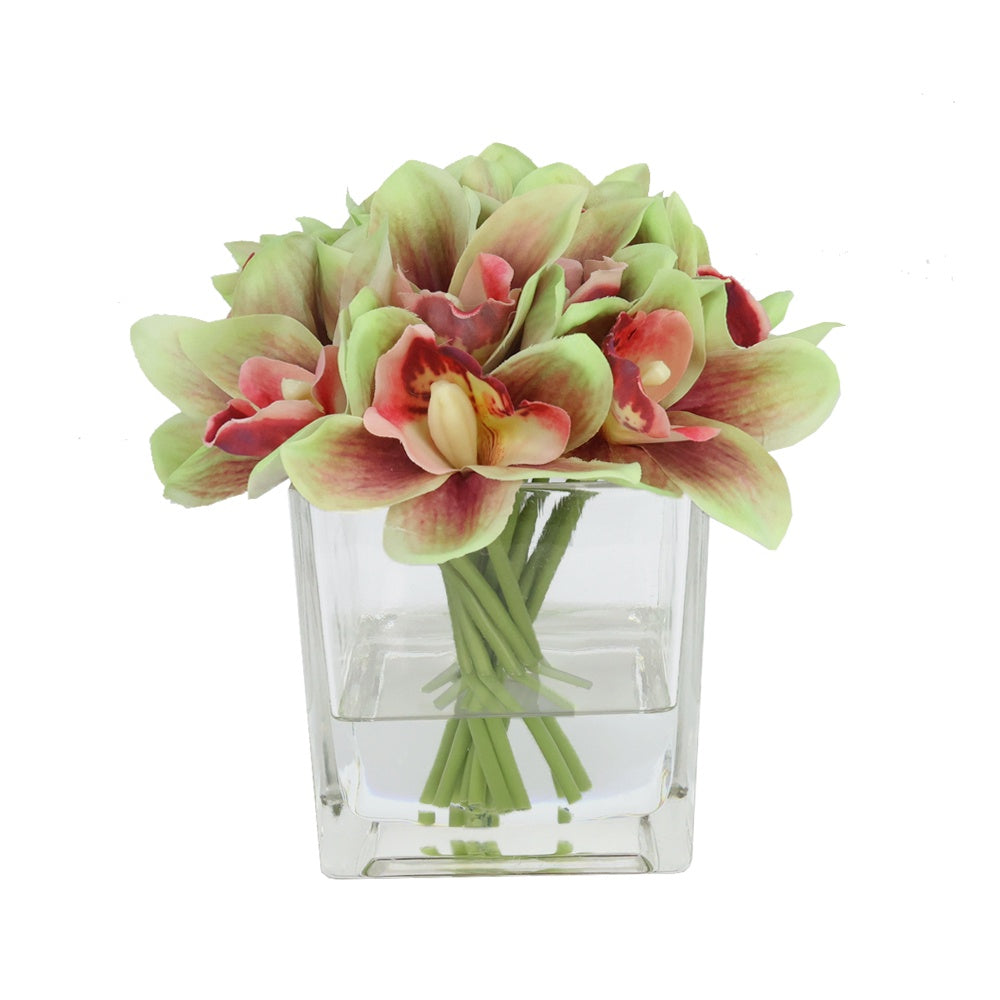 Green Artificial Cymbidium Arrangement in Square Vase - Medium IHR-CYM118-GR-M