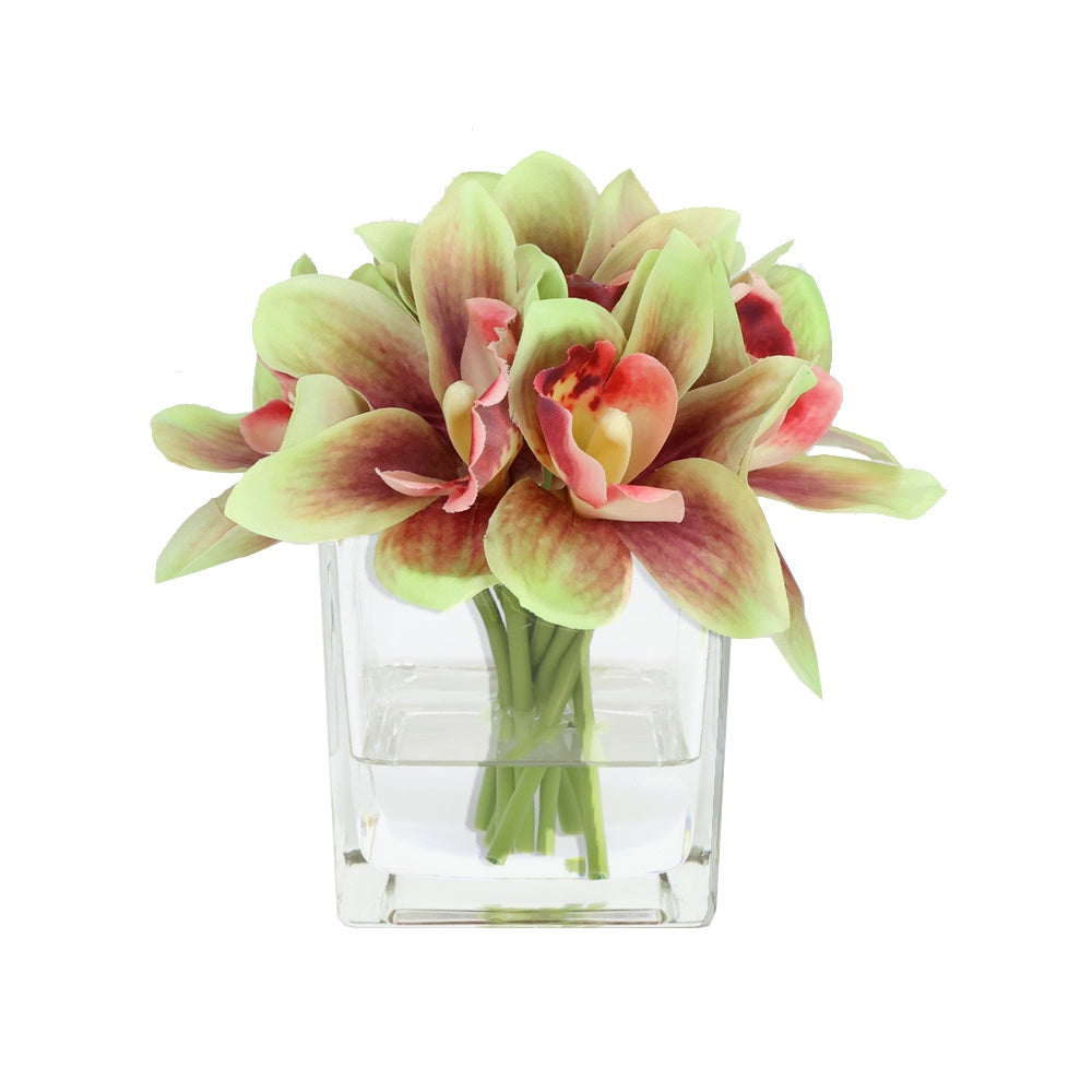 Green Artificial Cymbidium Arrangement in Square Vase - Small IHR-CYM118-GR-S