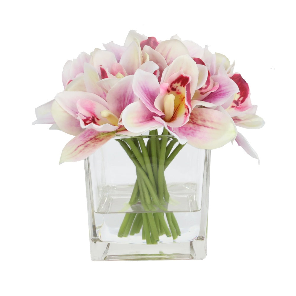 Light Pink Artificial Cymbidium Arrangement in Square Vase - Medium IHR-CYM118-LP-M