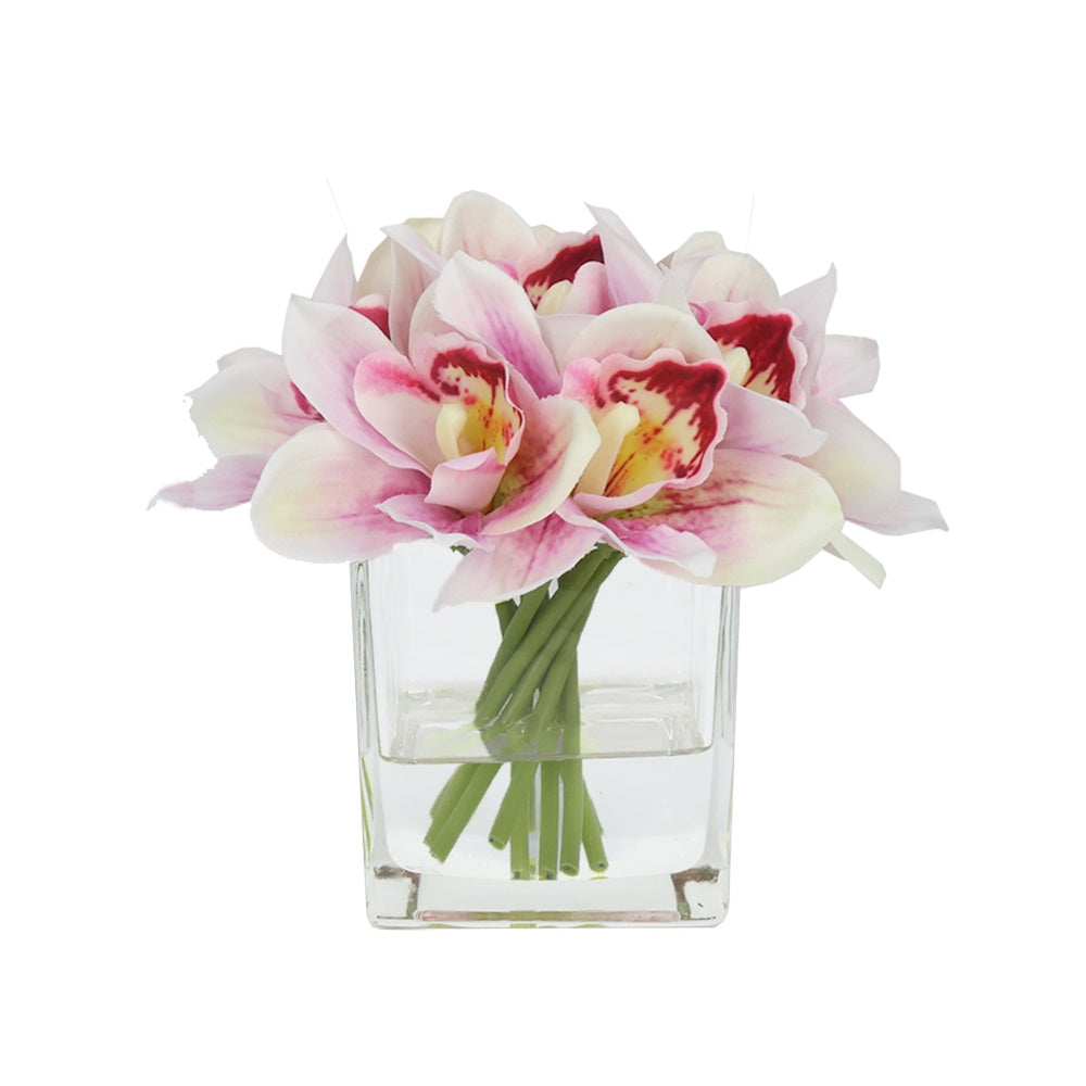 Light Pink Artificial Cymbidium Arrangement in Square Vase - Small IHR-CYM118-LP-S