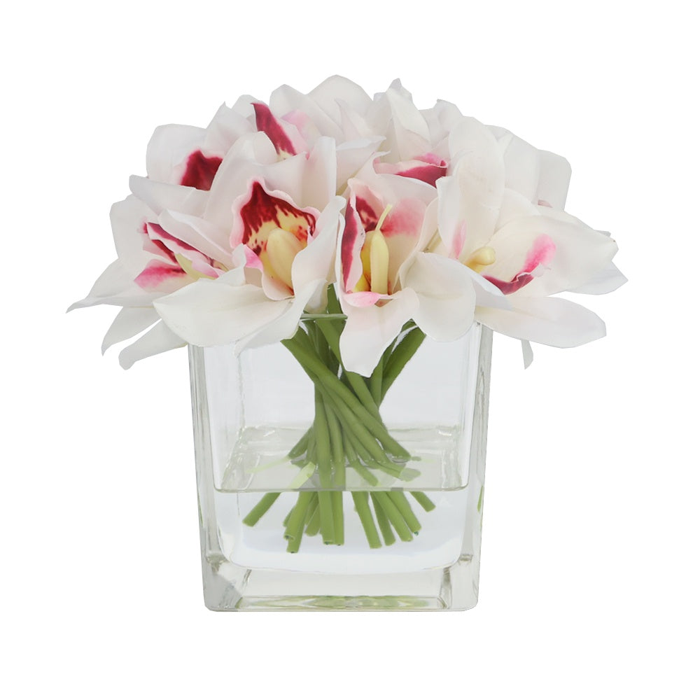 White Artificial Cymbidium Arrangement in Square Vase - Medium IHR-CYM118-W-M