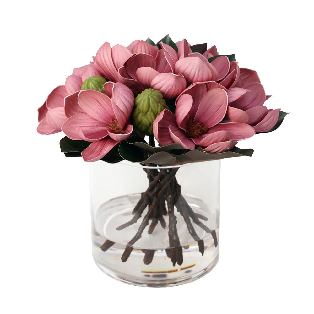 Deep Rose Artificial Magnolia Arrangement in Cylindrical Glass Vase - Large IHR-MGN125-DP-L