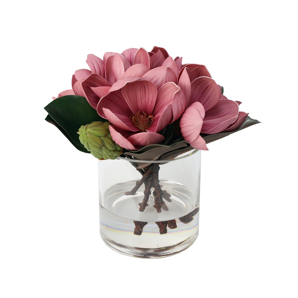 Deep Rose Artificial Magnolia Arrangement in Cylindrical Glass Vase - Medium IHR-MGN125-DP-M