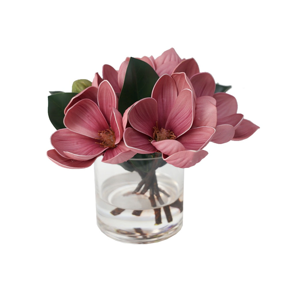 Deep Rose Artificial Magnolia Arrangement in Cylindrical Glass Vase - Small IHR-MGN125-DP-S