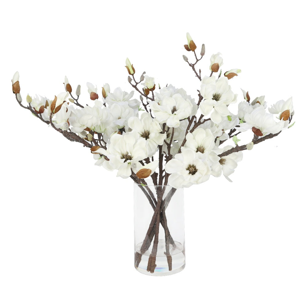White Artificial Magnolia Arrangement in Cylindrical Vase IHR-MGN125-WH