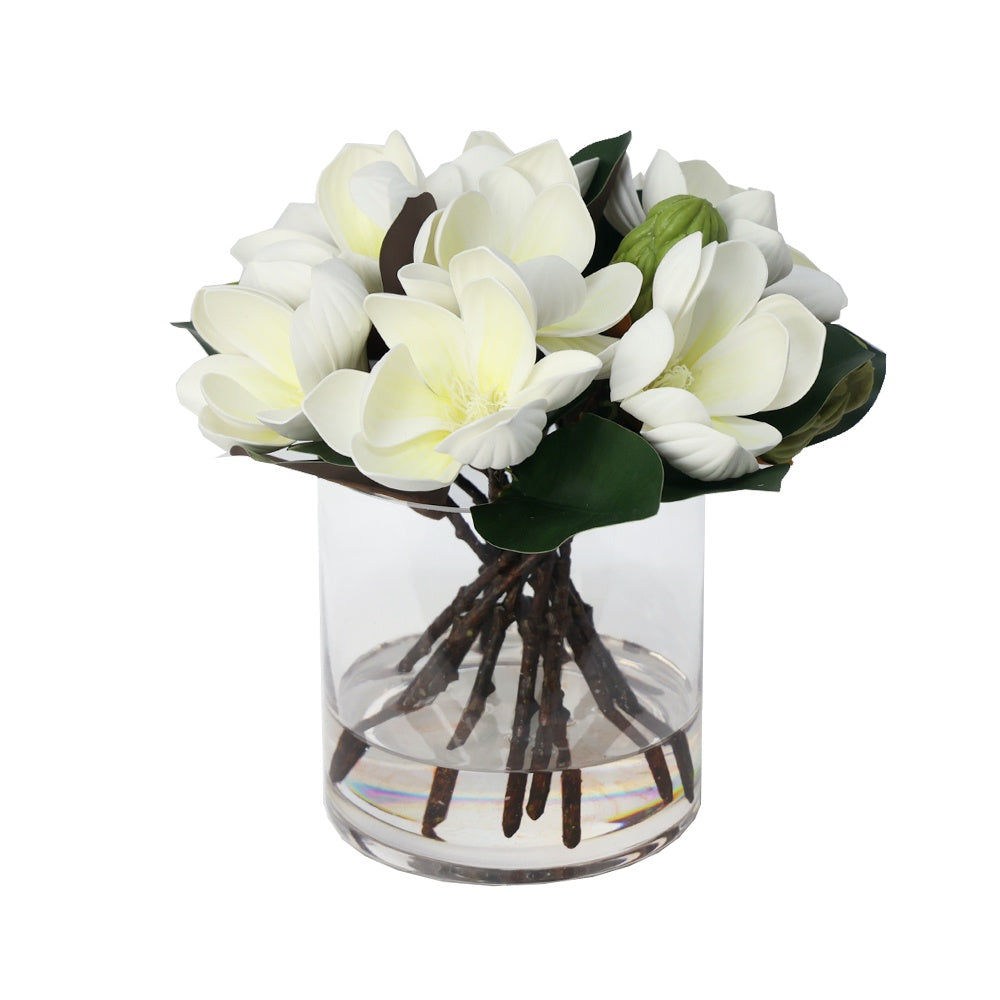 White Artificial Magnolia Arrangement in Cylindrical Glass Vase - Large IHR-MGN125-WH-L