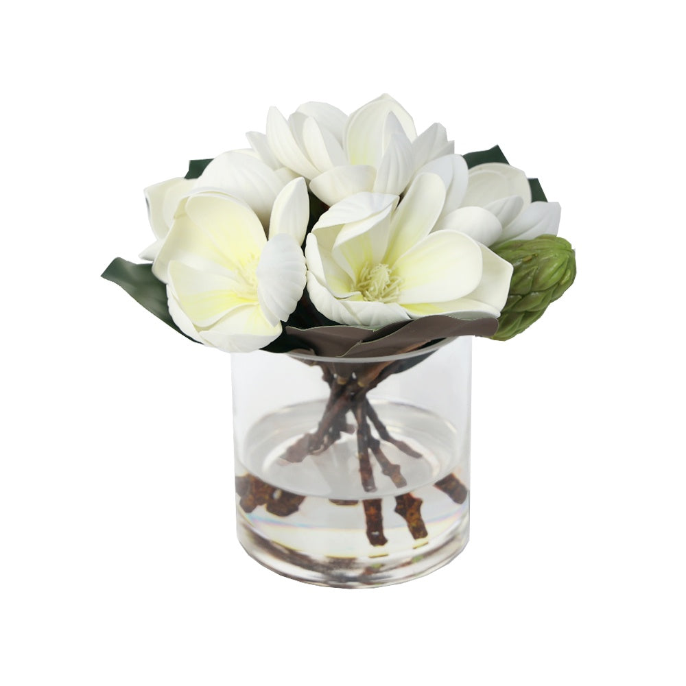 White Artificial Magnolia Arrangement in Cylindrical Glass Vase - Medium IHR-MGN125-WH-M