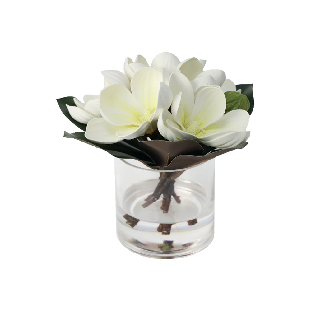 White Artificial Magnolia Arrangement in Cylindrical Glass Vase - Small IHR-MGN125-WH-S