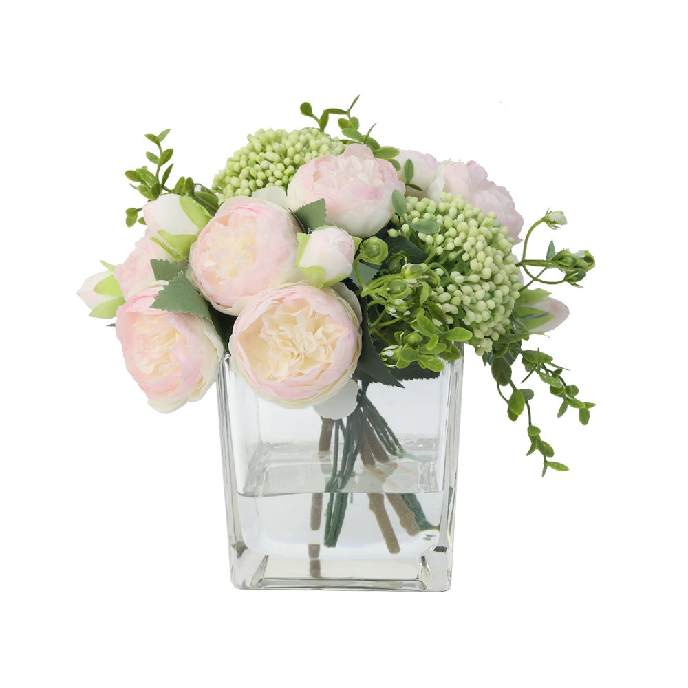 Light Pink Artificial Rose & GreenBerry Arrangement inSquare Vase‐ Medium IHR-MX107-LP