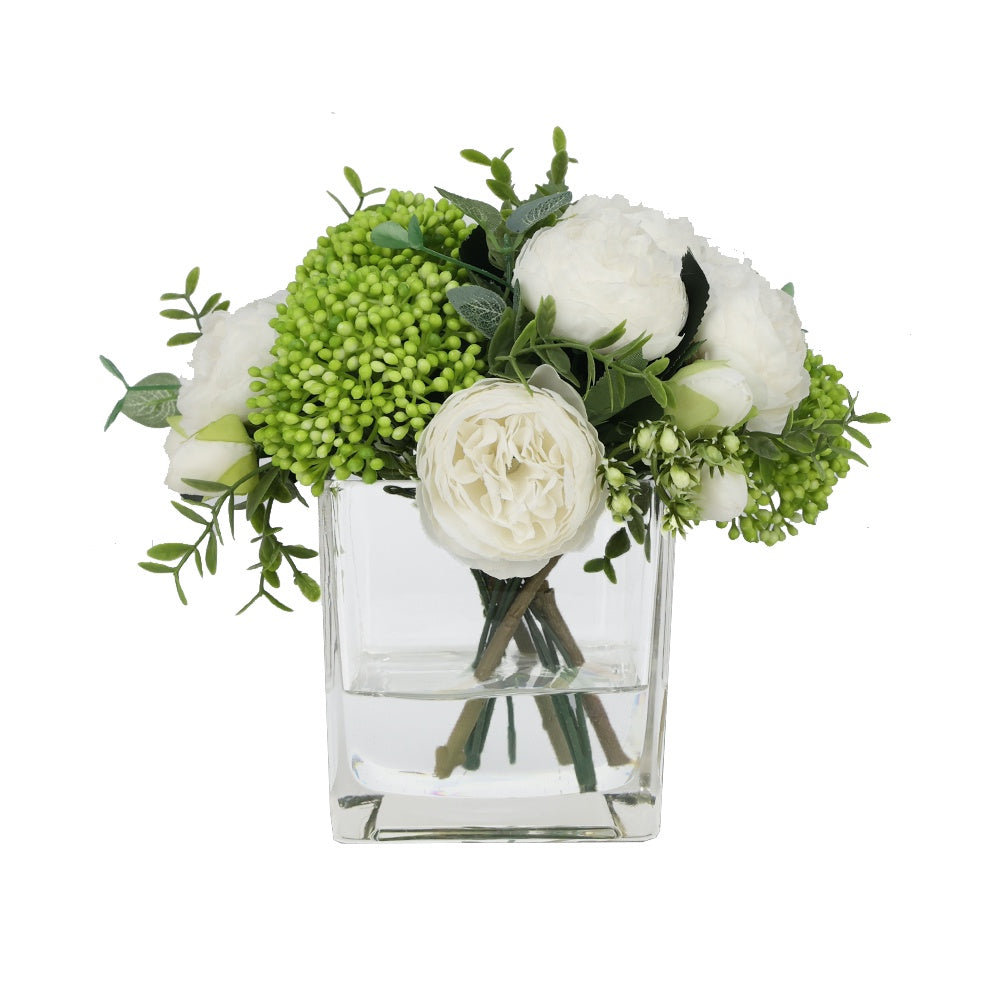 White Artificial Rose & GreenBerry Arrangement inSquare Vase‐ Medium IHR-MX107-WH