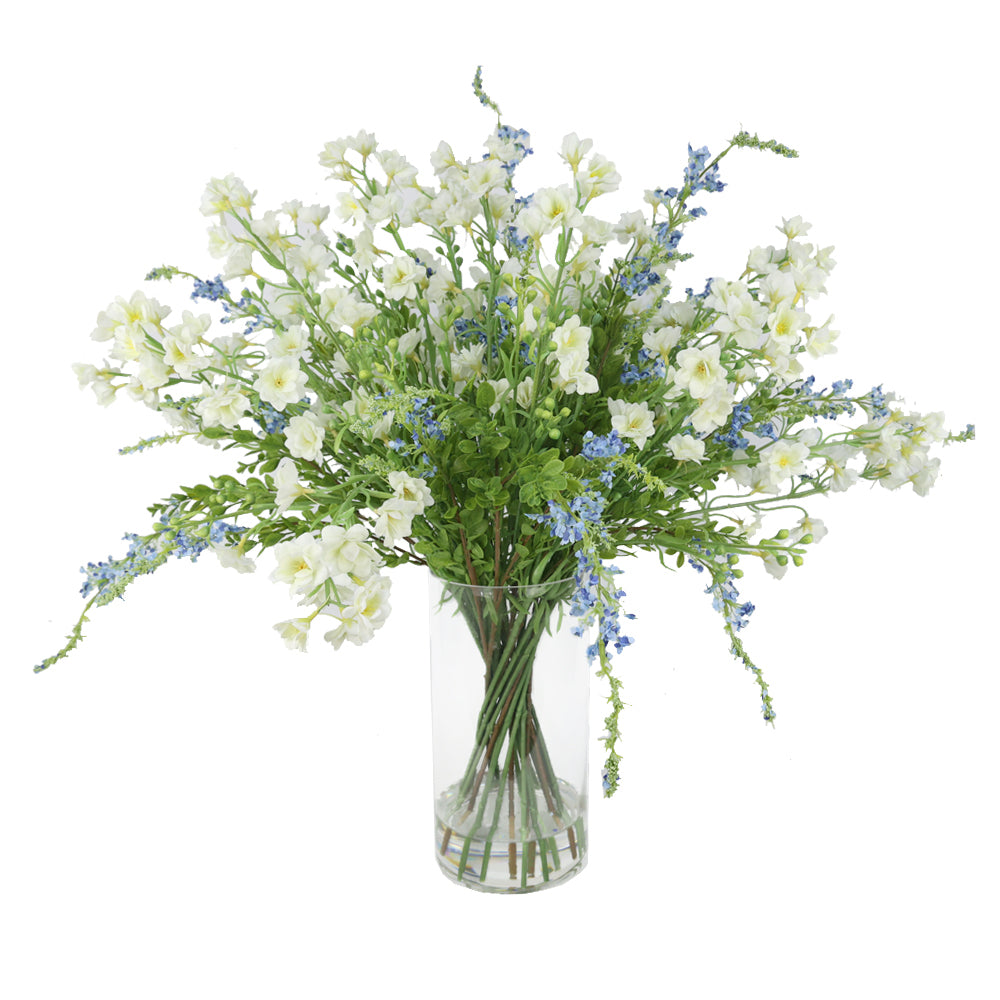 White Mini Delphinium & Salvia Artificial Arrangement in Cyldrical Vase IHR-MX108-WH