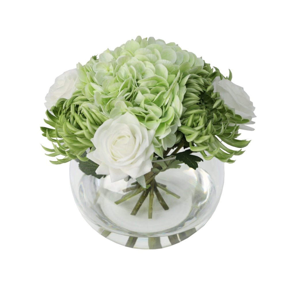 White & Green Artificial Rose, Hydrangea & Chrysanthemum Arrangement in Globe Vase IHR-MX109-WH
