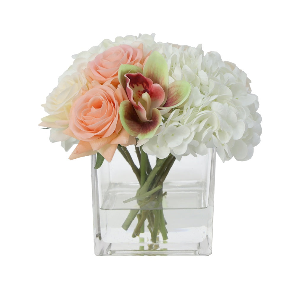 White, Orange & Green Artificial Rose, Cymbidium & Hydrangea Arrangement in Square Vase IHR-MX110-CH