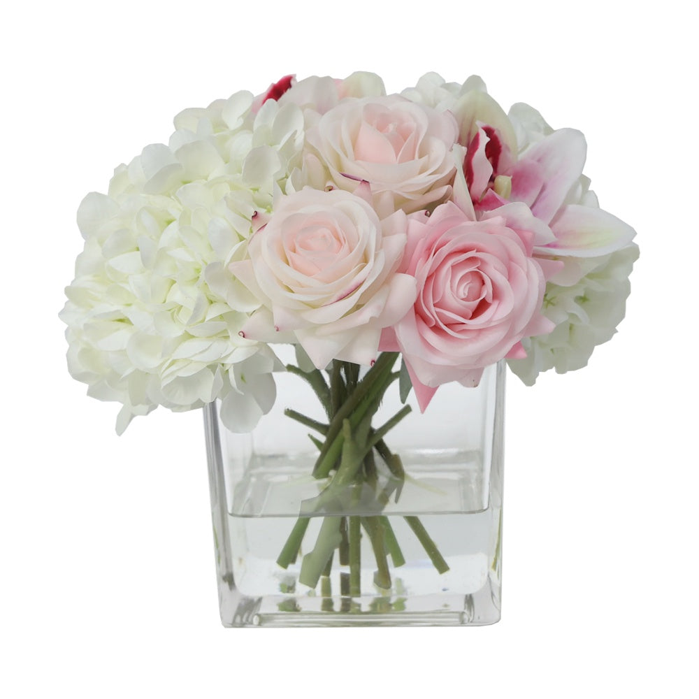 White, & Pink Artificial Rose, Cymbidium & Hydrangea Arrangement in Square Vase IHR-MX110-PK