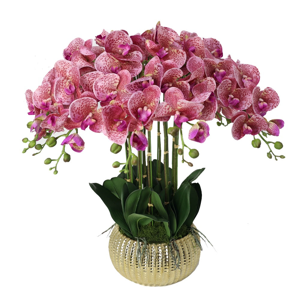 Dark Pink Artificial 11-Stem Orchid Arrangement in Gold Ceramic Pot IHR-ORC103-DP-G