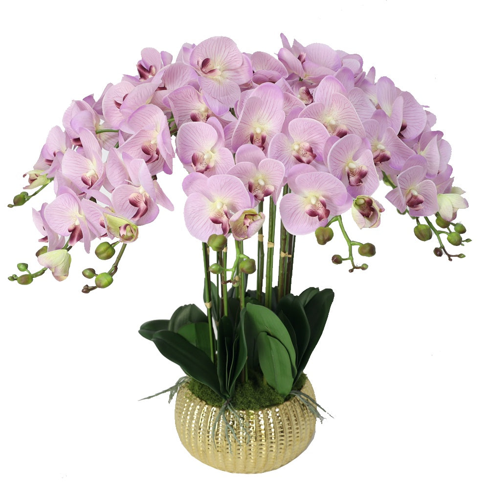 Lilac Artificial 11-Stem Orchid Arrangement in Gold Ceramic Pot IHR-ORC103-LPR-G