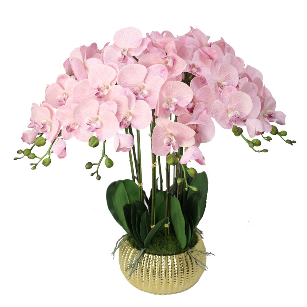 Light Pink Artificial 11-Stem Orchid Arrangement in Gold Ceramic Pot IHR-ORC103-PK2-G