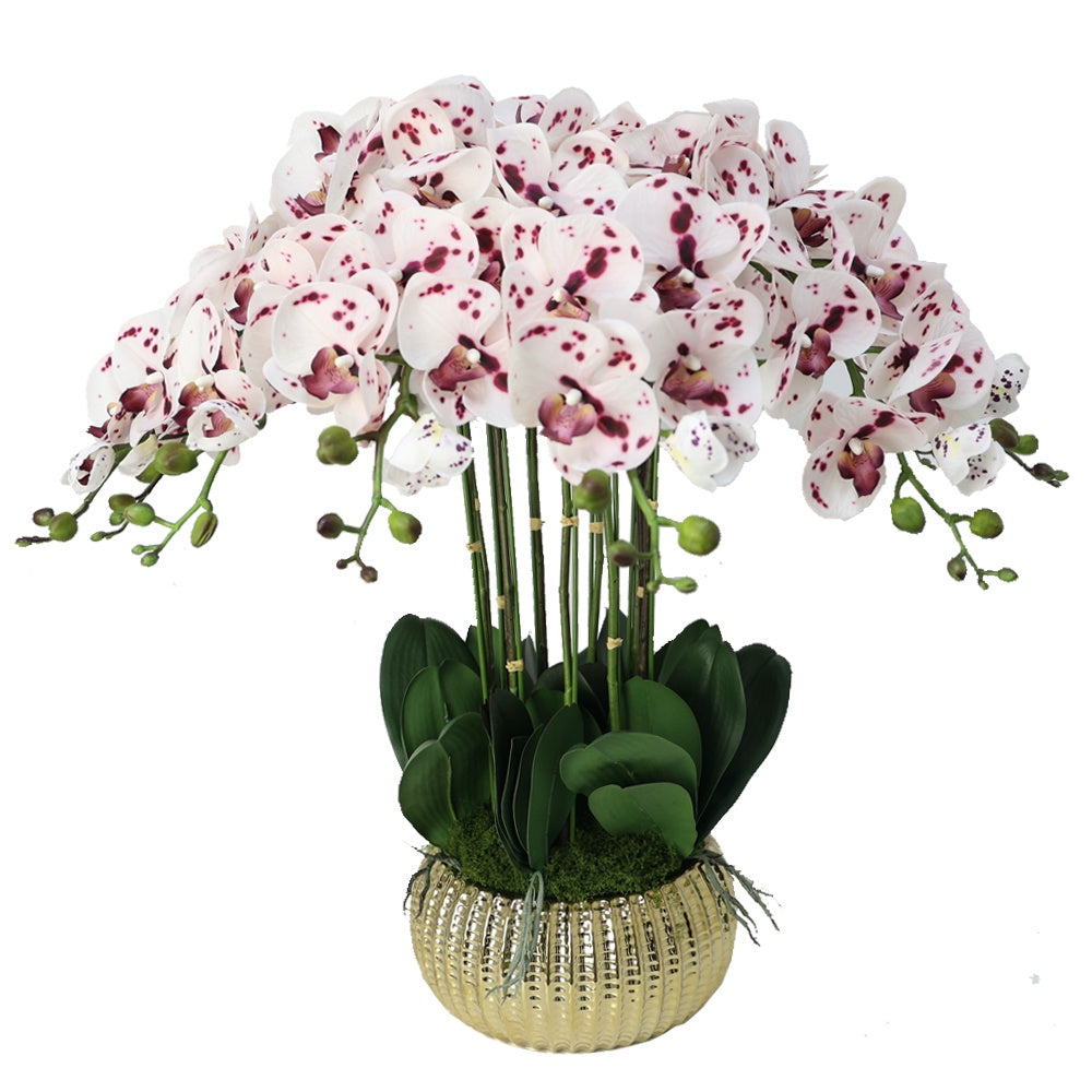 White Spotted Artificial 11-Stem Orchid Arrangement in Gold Ceramic Pot IHR-ORC103-SP-G