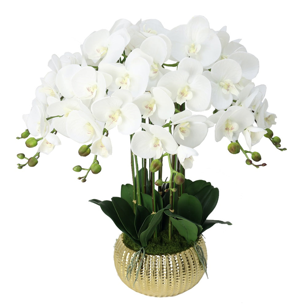 White Artificial 11-Stem Orchid Arrangement in Gold Ceramic Pot IHR-ORC103-WH1-G