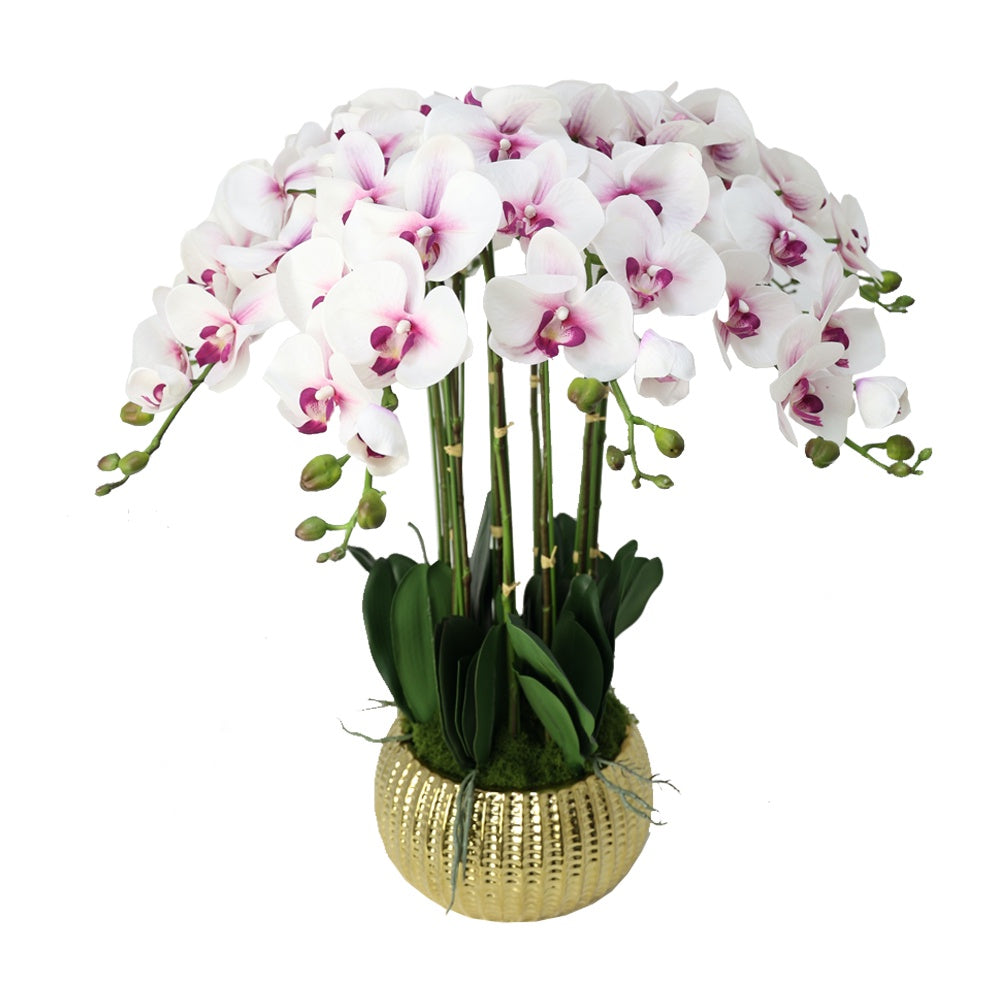 White & Fuchsia Artificial 11-Stem Orchid Arrangement in Gold Ceramic Pot IHR-ORC103-WHP-G