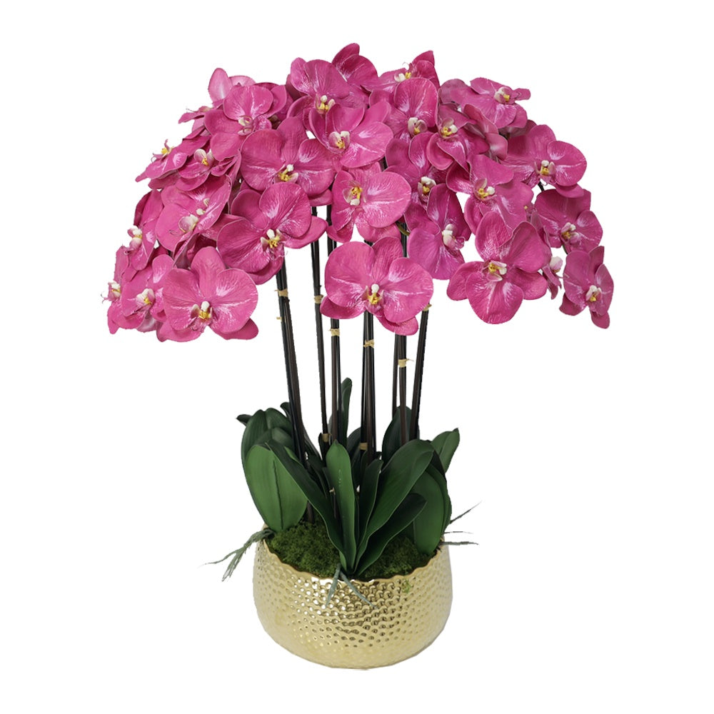 Dark Pink Artificial 10-Stem Orchid Arrangement in Gold Ceramic Pot IHR-ORC104-RS-G