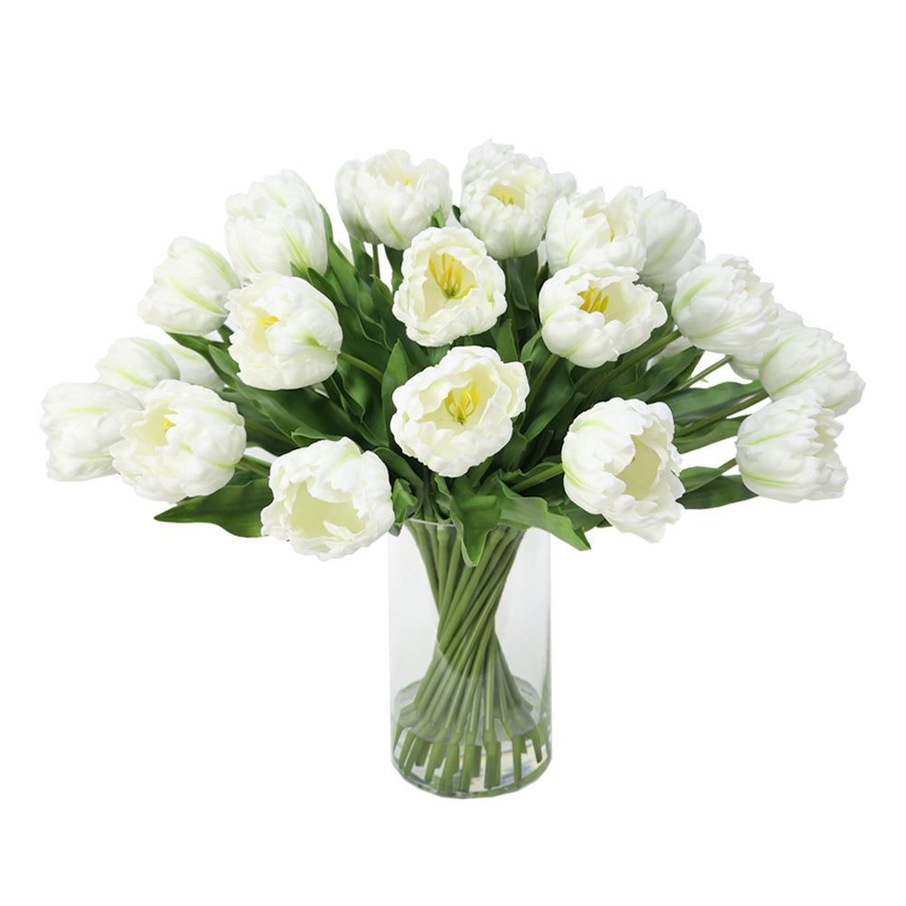 White Artificial Tulip Arrangement in Cylindrical Glass Vase IHR-TU103-WH