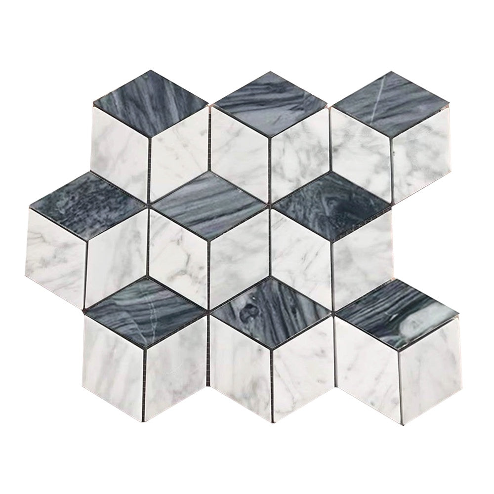 Carrara Bianco & Cloud Grey Cube Mosaic Tiles - Polished (1 Box) LND-125-ASCRLG