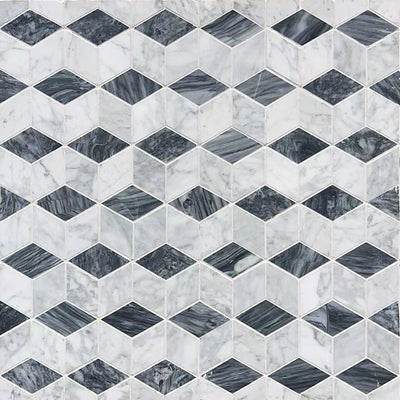 Carrara Bianco & Cloud Grey Cube Mosaic Tiles - Polished (1 Box) LND-125-ASCRLG