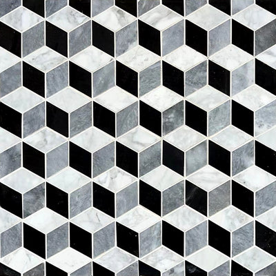 Carrara Bianco, Sky Grey & Nero Marquina Cube Mosaic Tiles - Polished (1 Box) LND-125-CRSKGNM