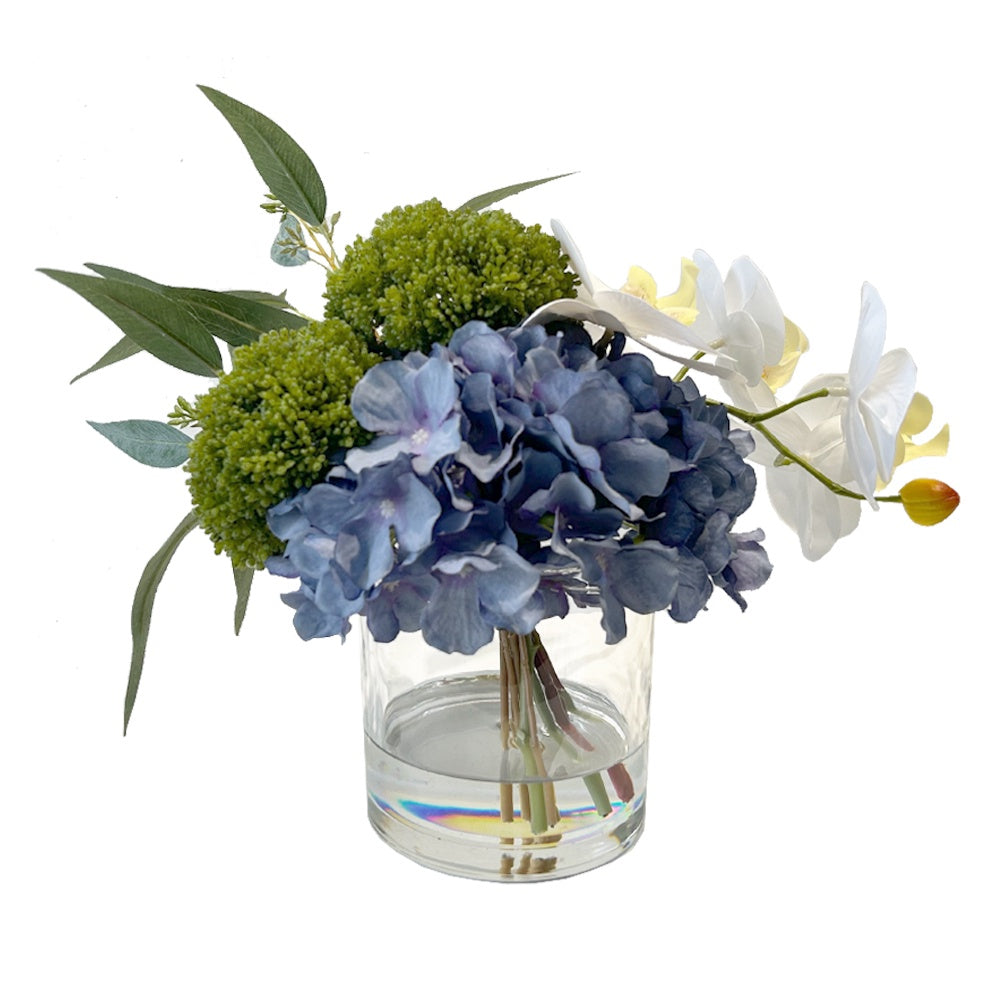 White & Purple Orchid & Hydrangea Mixed Artificial Floral Arrangement in Cylindrical Glass Vase YF23394