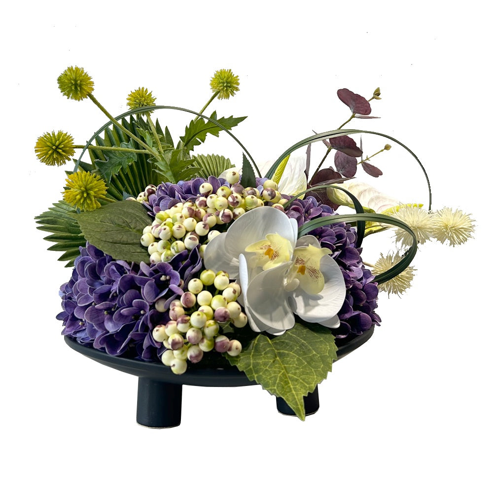 White & Purple Orchid, Anthurium, Berry & Hydrangea Arrangement in Metal Tray YF24002