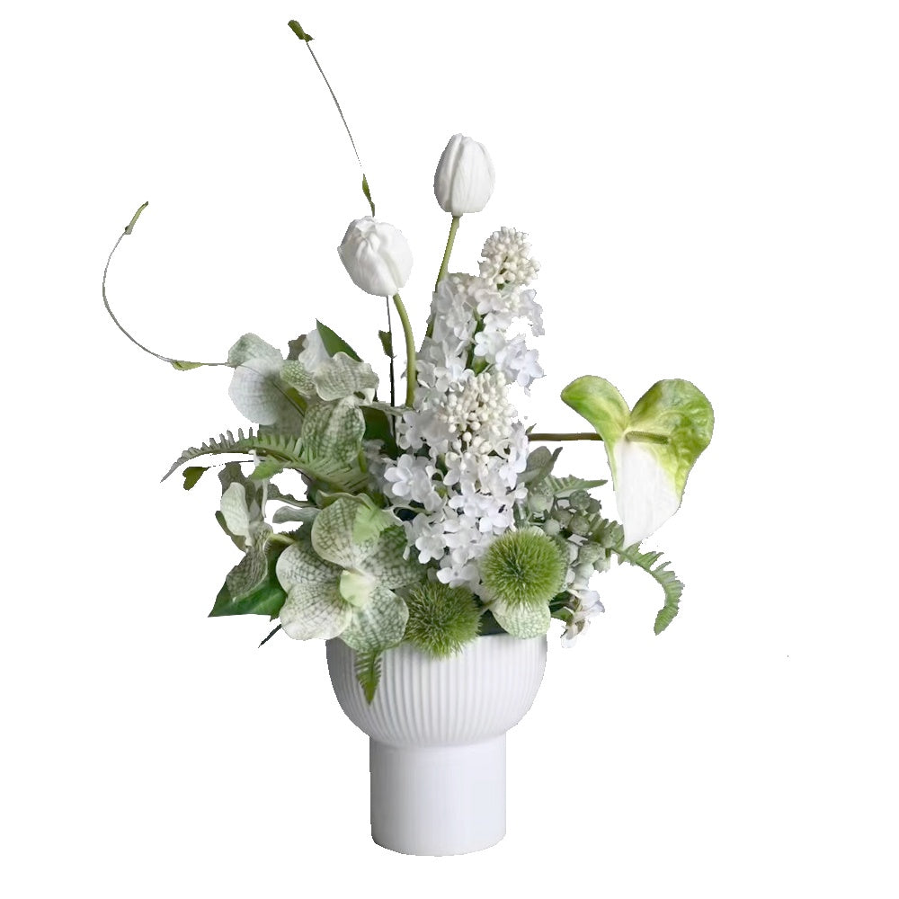 White & Green Artificial Tulip, Lilac & Anthurium Arrangement with Mixed Foliage in Ceramic Vase YF24004