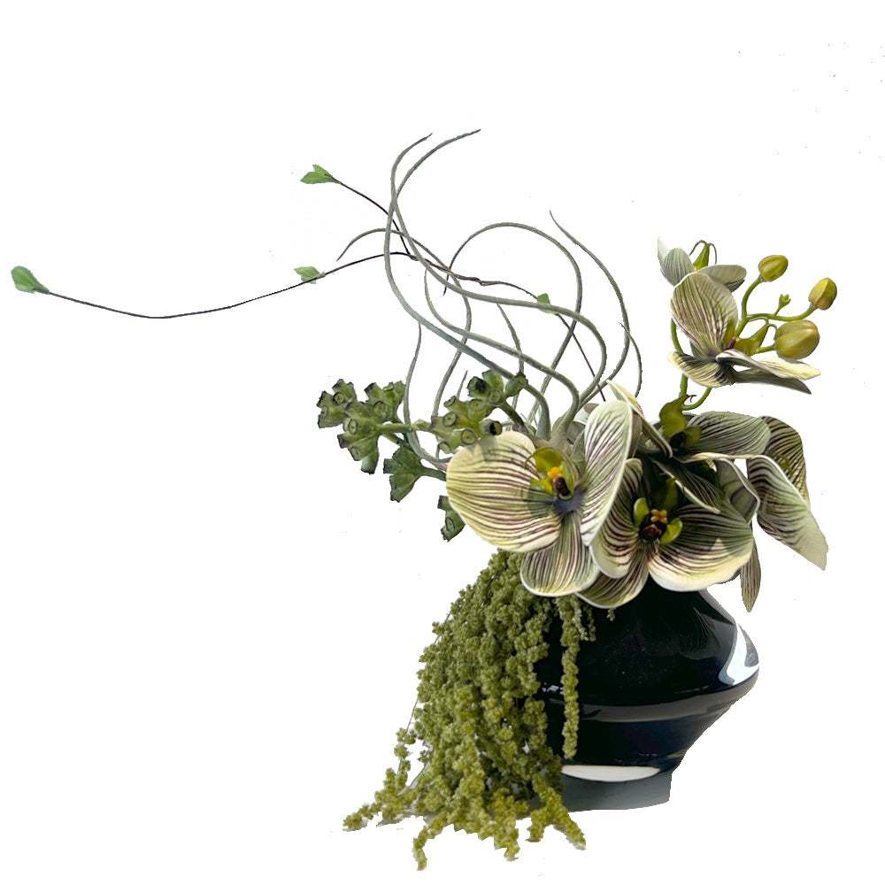 Green Artificial Orchid Arrangement with Mixed Foliage in Glass Vase YF24043