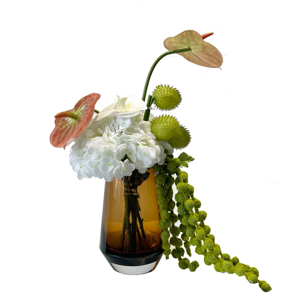 Artificial Hydrangea, Anthurium & Orchid Arrangement in Glass Vase YF25051