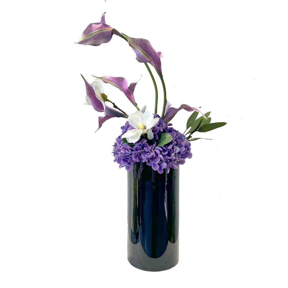 White & Purple Artificial Magnolia, Hydrangea & Calla Lily Arrangement in Glass Vase YF25057L