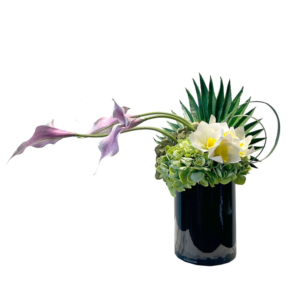 White & Green Artificial Orchid & Hydrangea Arrangement in Glass Vase YF25057S