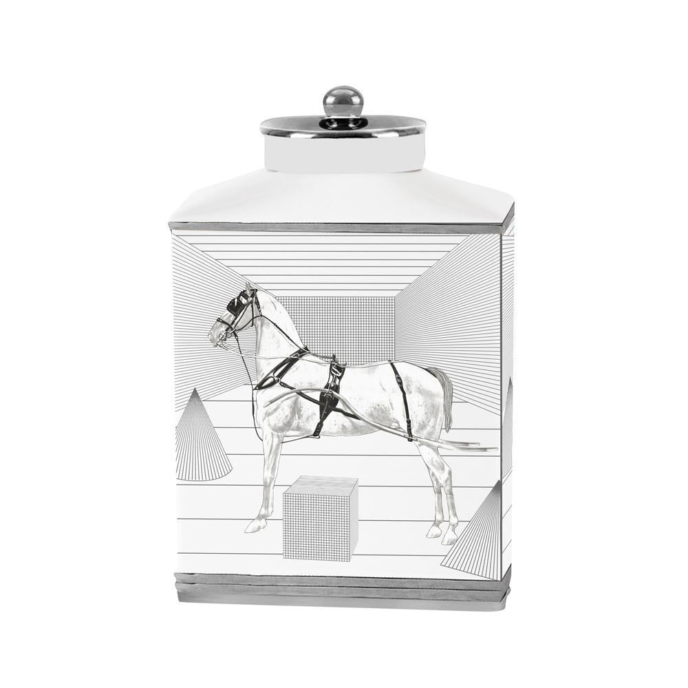 White & Silver Ceramic Jar with Horse Print - Medium 600592
