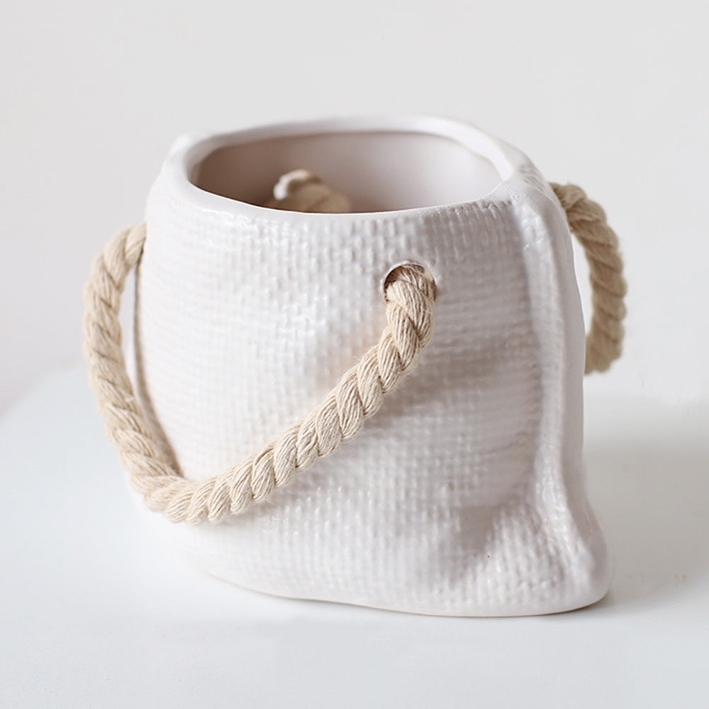 White Ceramic Bag Vase with Rope Handles  LT666-W