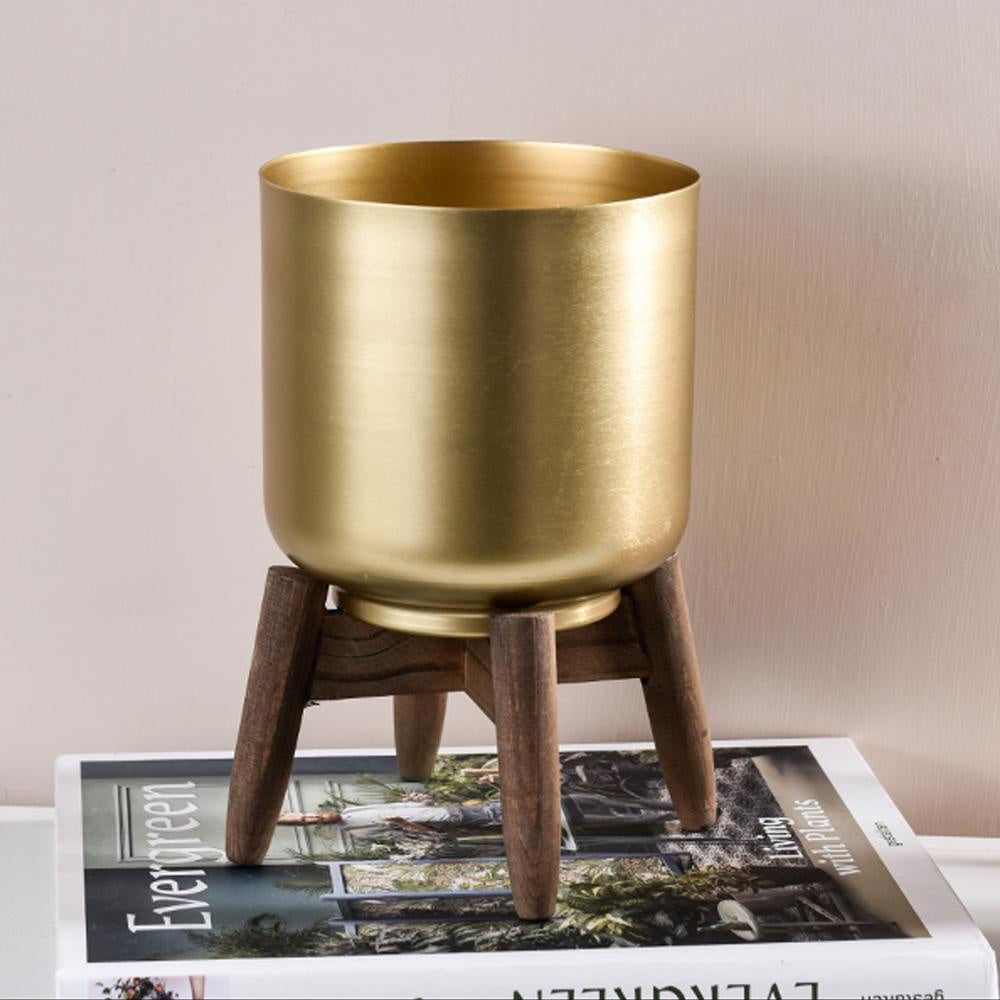 Gold Iron Planter with Wooden Pedestal BJ1302E