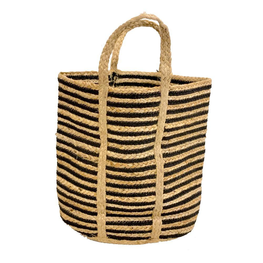Black and Natural Striped Jute Basket