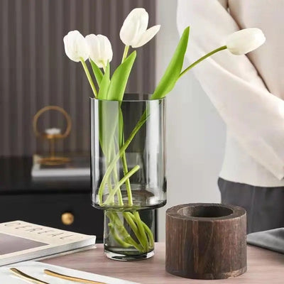 Smoke Glass & Wood Cylindrical Vase - Medium 1025GY