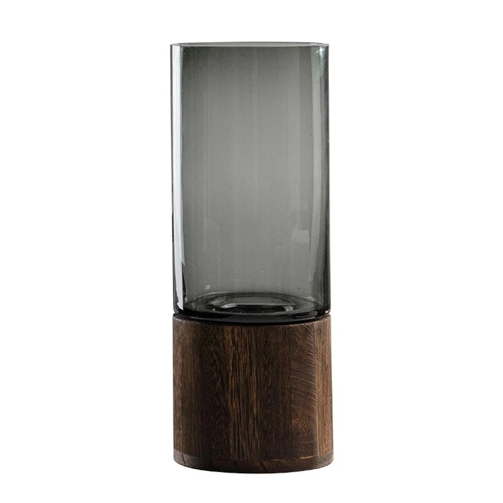 Smoke Glass & Wood Cylindrical Vase - Tall 1031GY