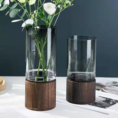 Smoke Glass & Wood Cylindrical Vase - Tall 1031GY