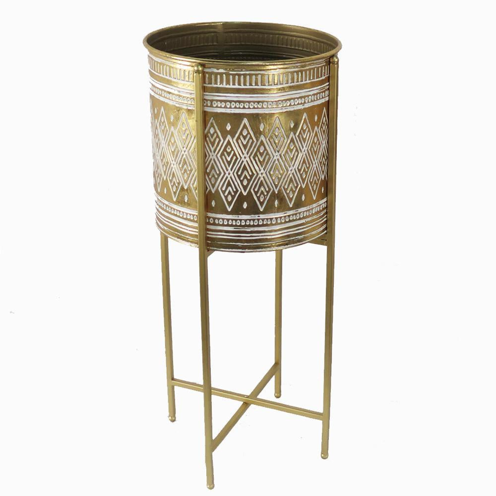 Gold and White Metal Planter on Gold Stand - Large الغراس