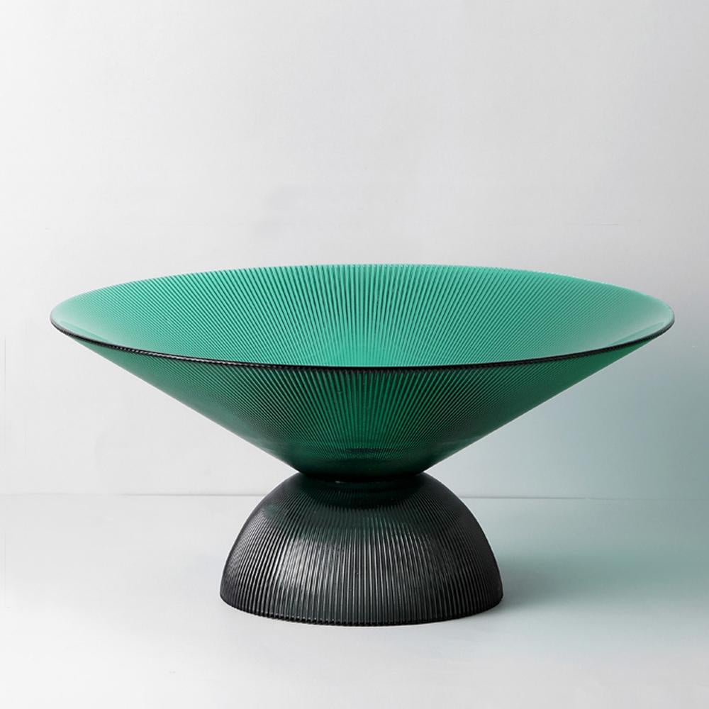 Green Ribbed Glass Conical Bowl with Black Base PSY2921