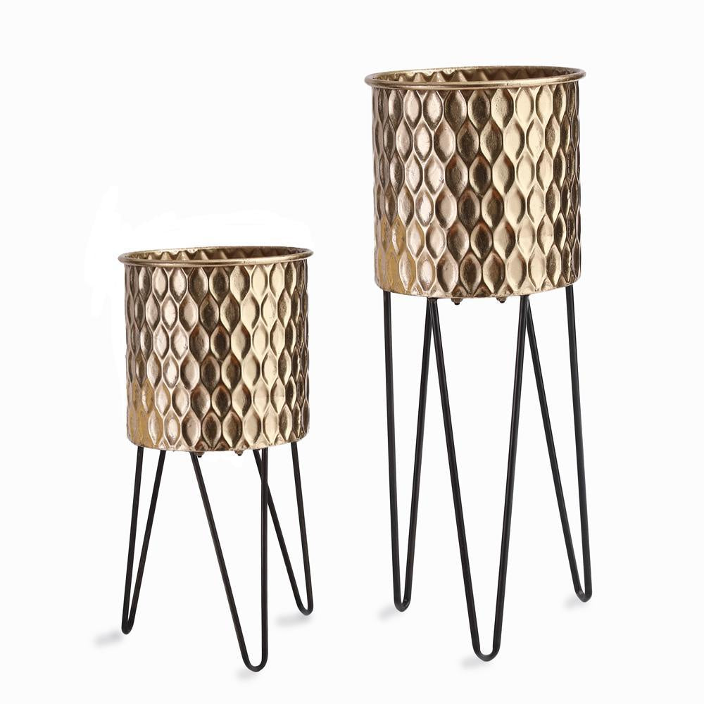 Gold Metal Planters with Black Stand الغراس